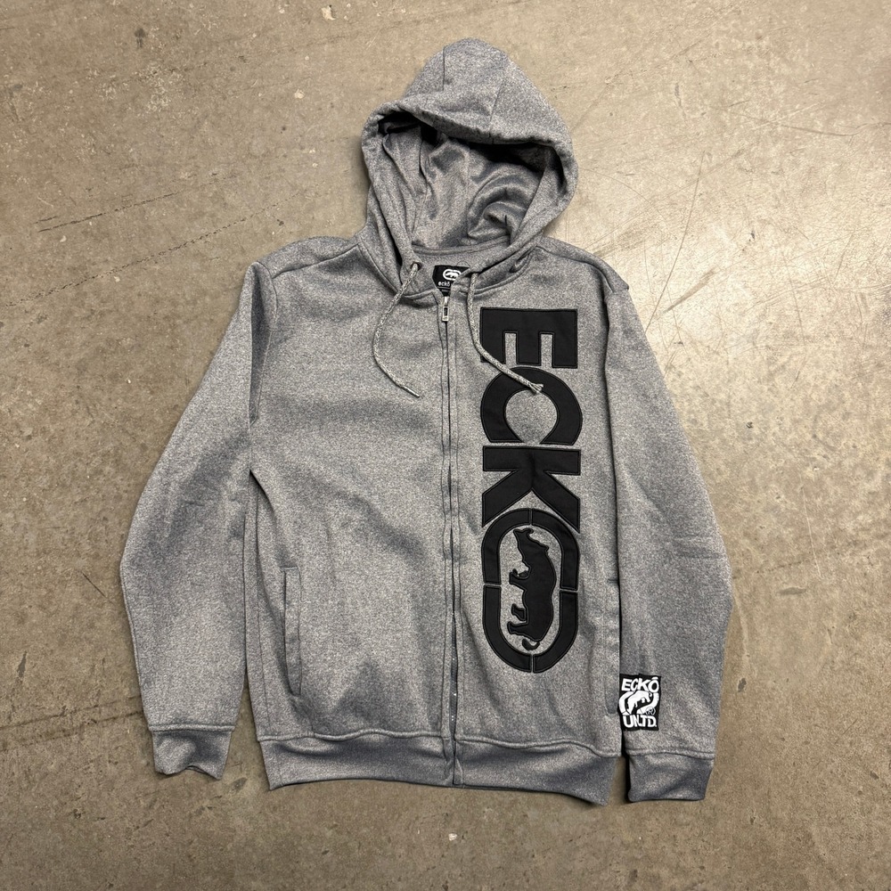 Ecko Unltd Mens Gray Full Zip Hoodie Vertical Logo Rhino Patch Size M Streetwear